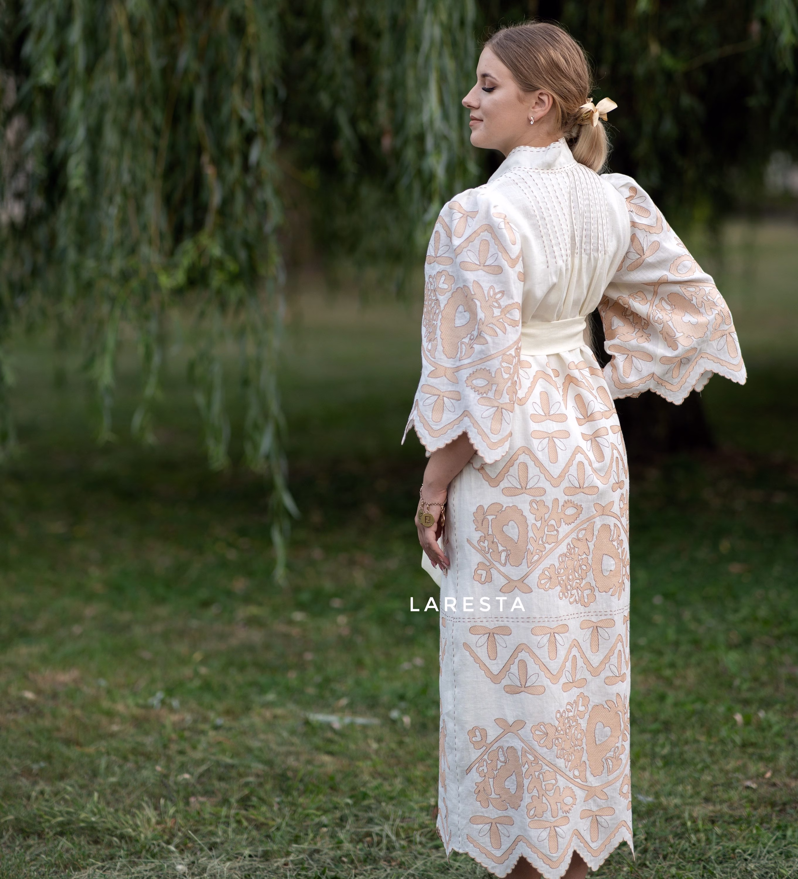 Off-White Linen Dress With Light Beige Embroidery & Tie. Bohemian Elegant Mid-Calf Gown Festoons. Artisanal Richly Embroidered