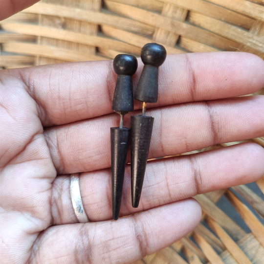 Black Fake Gauge Earrings, Spike Shape Wood Earring, Cool Edgy Gothic Wooden Stud Earrings For Women, Men, Organic Beach Body Jewelry