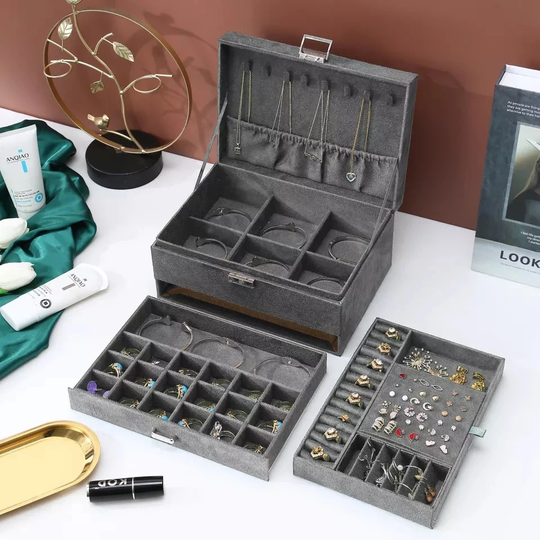 Women Jewelry Organizer Box, 3-Layer Velvet Boxes Display Storage Case With Lock For Rings Necklace Earrings