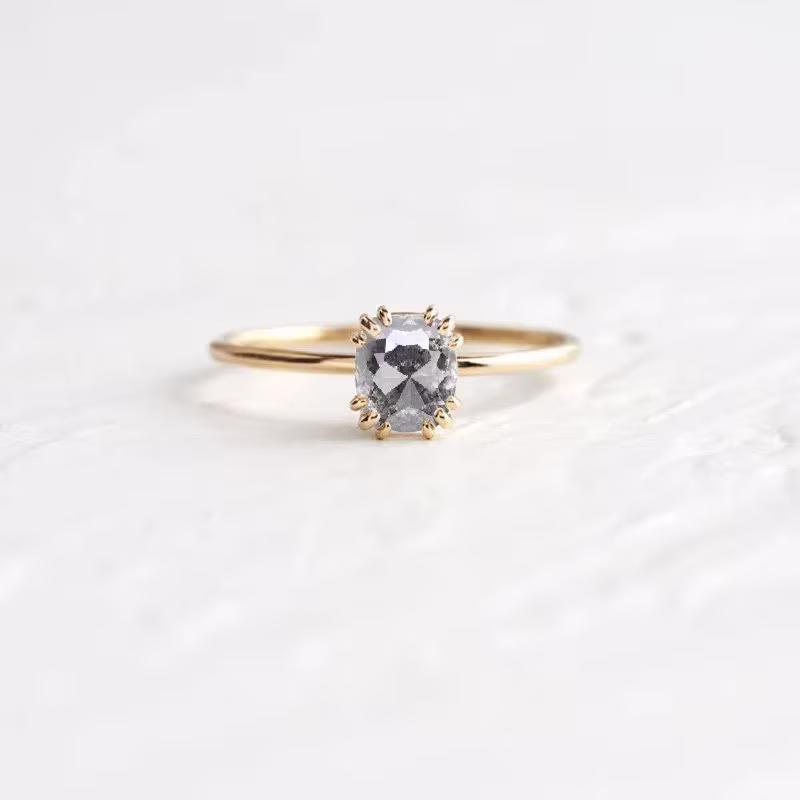 Cushion Cut Salt & Pepper Diamond Art Deco Ring | Unique Bridal Dainty 9K/14K/18K Rose Gold For Her - Free Shipping