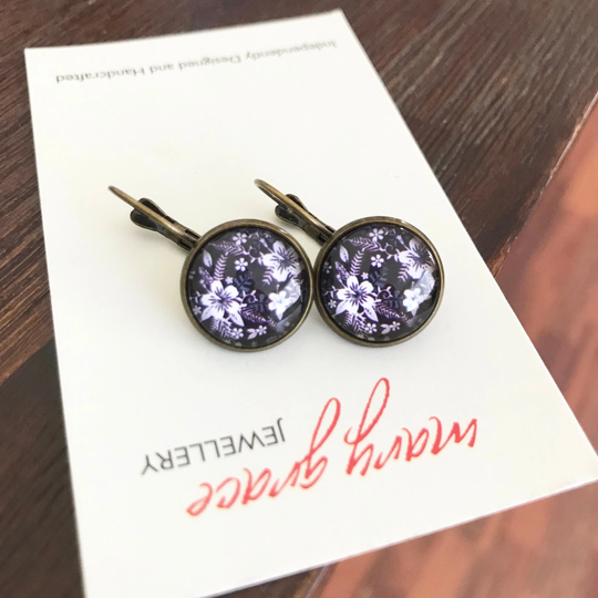 Glass Dome Hibiscus Earrings , Small Floral Drops Nature Style Jewellery For Women Gift Her