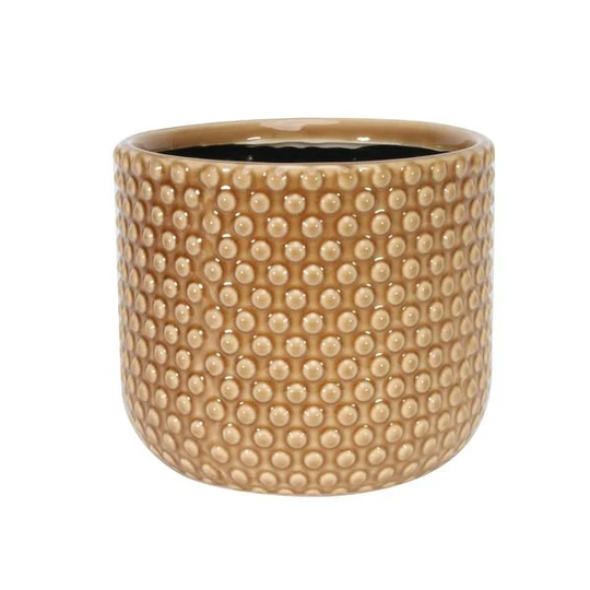 Painted Light Brown Pot With Debossed Dots - Stoneware | 17x15cm Indoor Planter