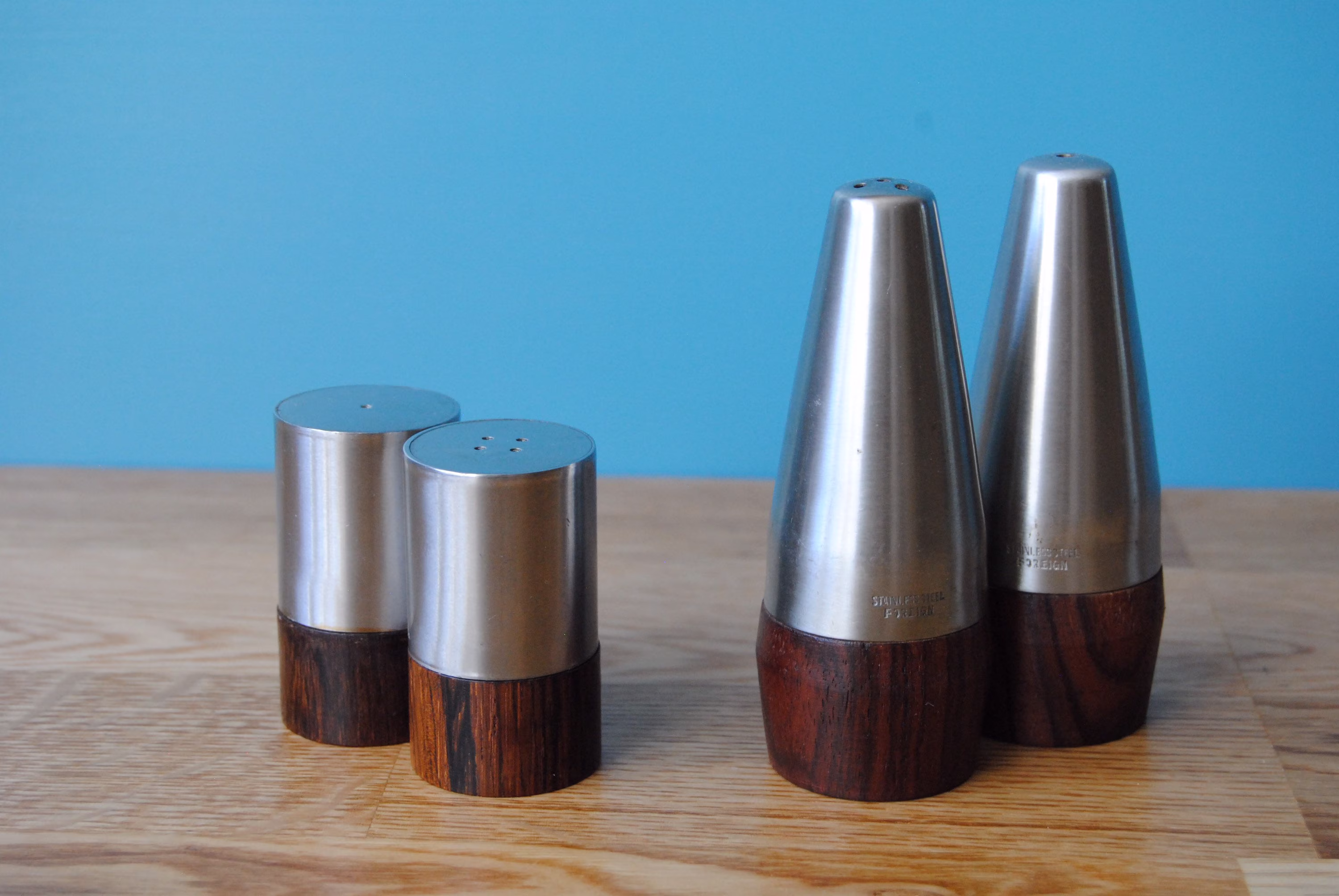 Vintage Mid Danish Teak & Stainless Steel Salt Pepper Shakers. Cruet Set