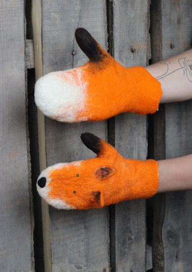 Fox Felted Mittens, All Season, Natural Wool, Womens, Foxes Snow Winter Gloves, Personalized, Custom, Fashion Trends, Gift For Girl