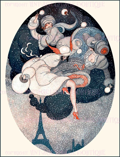 Antique 1920's Art Deco Winter Fashion Scene Of Three Woman Playing in The Snow Christmas Season Solstice Holiday 5x7 Greeting Card