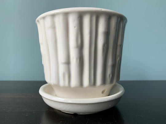 Vintage Mccoy Pottery Planter Bamboo Pattern Speckled White Cream Attached Saucer 4.5