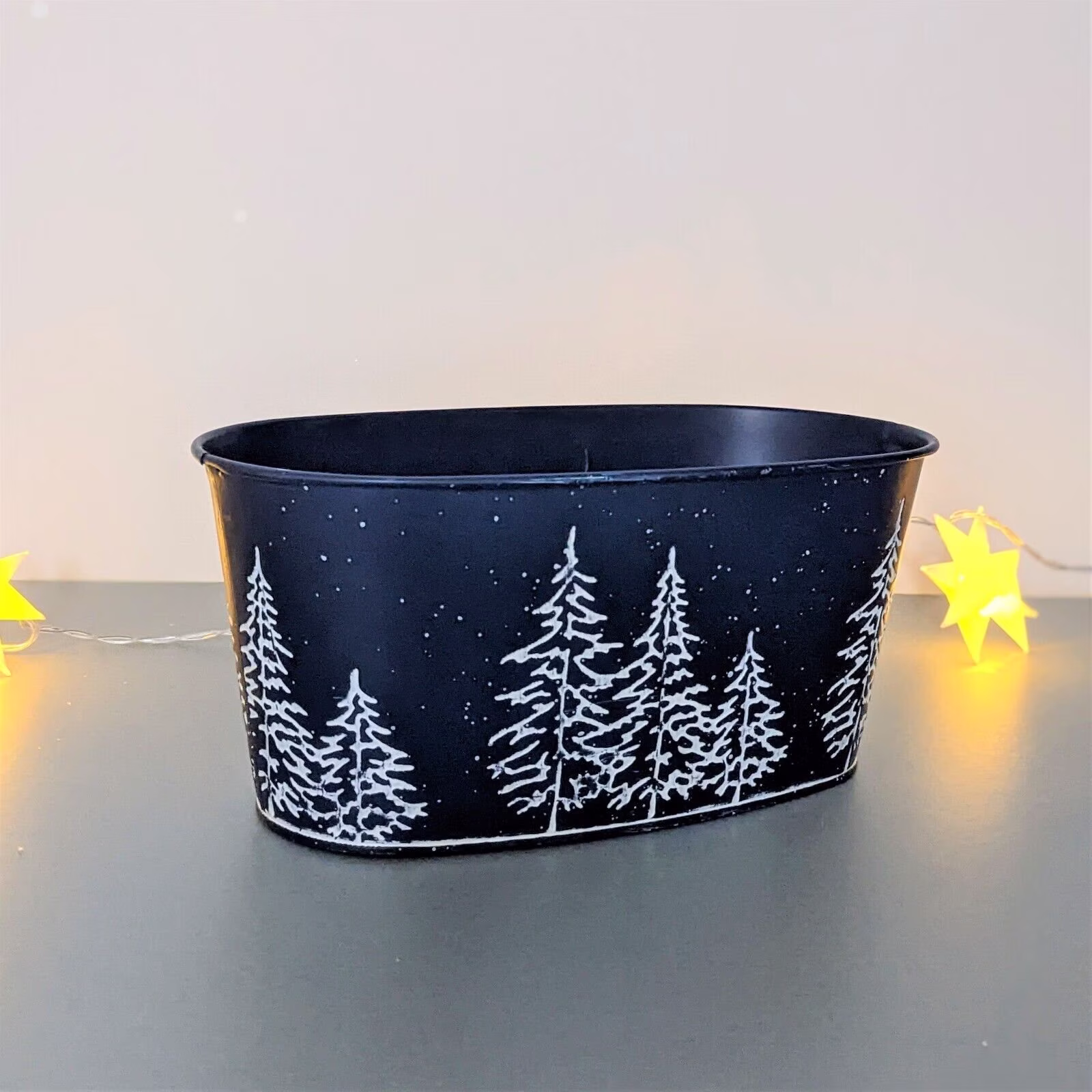 23cm Metal Christmas Plant Pot Planter Blue Winter Night Scene Embossed Trough