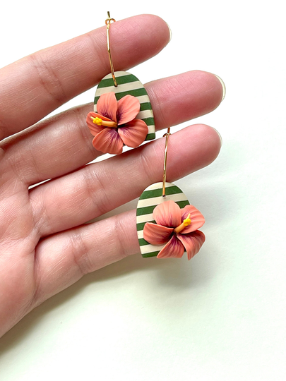 It's A Hibiscus Kind Of Summer Collection-Peach Flower Earrings, Hoop Striped Earrings