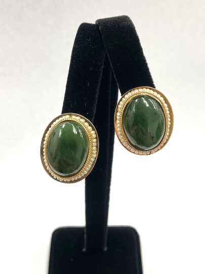 Vintage 14K Yg Jade & Seed Pearl Earrings