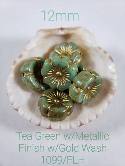 Tea Green W/Metallic Picasso & Gold Finish ~ Czech 12mm Glass Hibiscus Flower Beads 6 Bead Lots