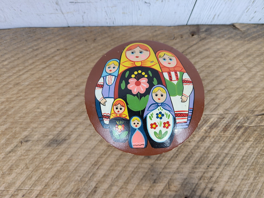 Vintage Russian Doll Painted Cork Wood Trinket Bowl with Lid Round Storage Dish Bathroom Decor Container Organization Mid Century Modern