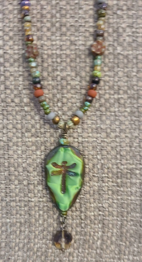 Dragonfly Czech Glass Bead Necklace With Matching Dangle Earrings
