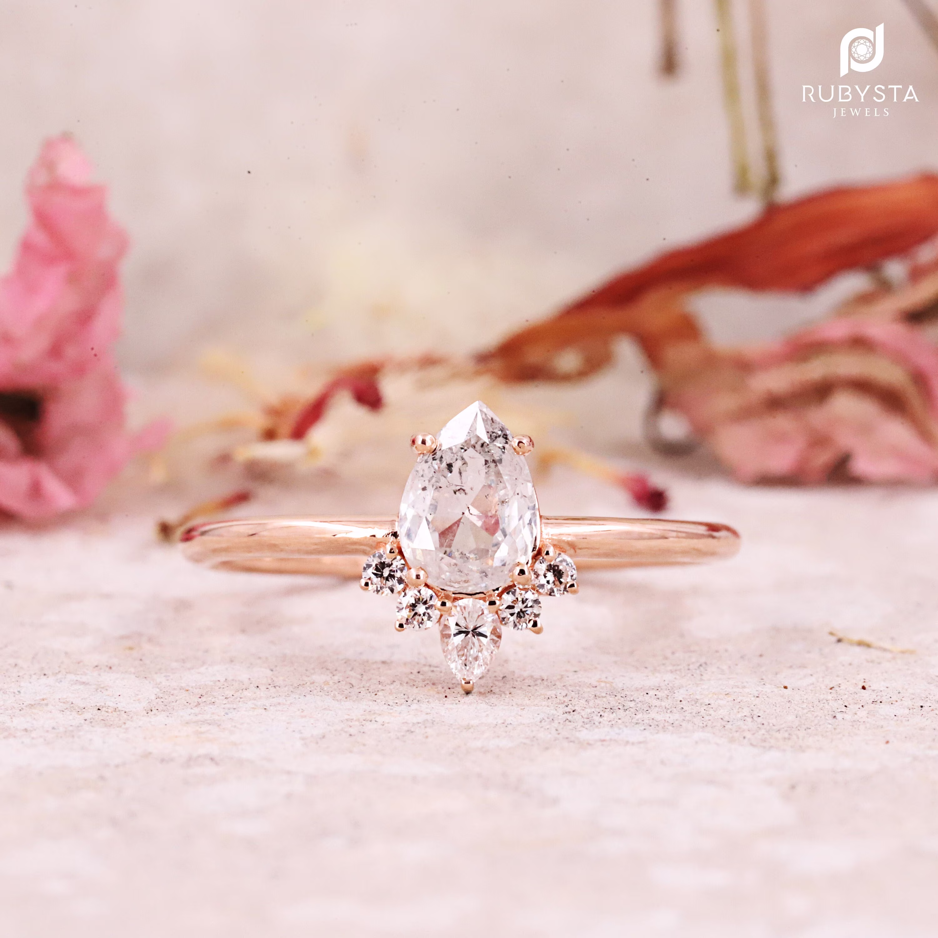 Salt & Pepper Diamond Ring | Pear 14K Solid Rose Gold Ring Art Dec Natural Diamond Proposal