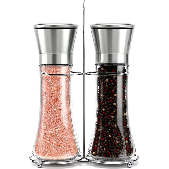 2pcs Salt and Pepper Grinder, Brushed Stainless Steel and Glass Grinders, Adjustable Ceramic Grinder 24cm