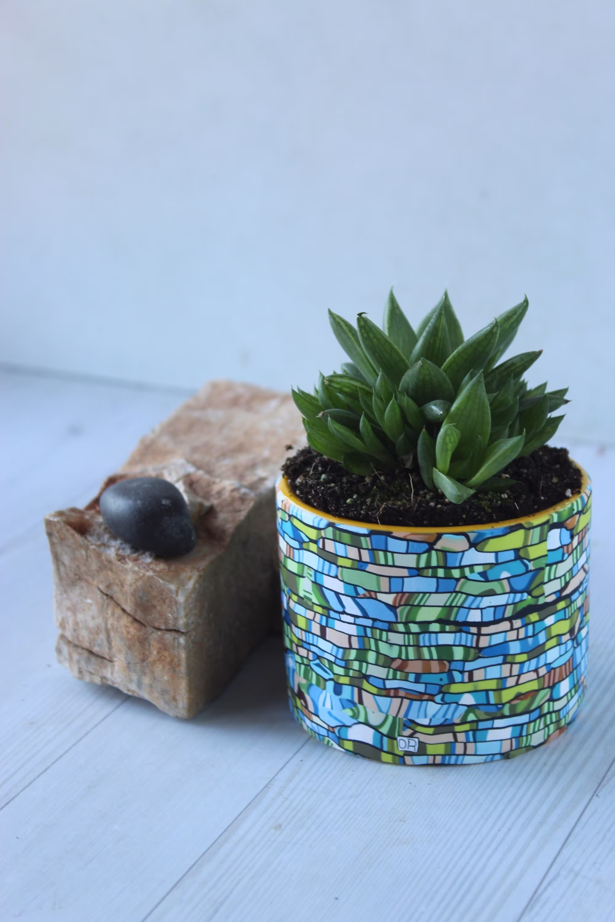 Teal, Green & Brown Unique Mini Indoor Planter