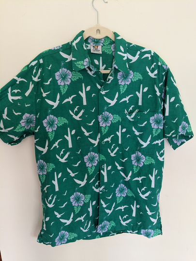 90S Green Hawaiian Shirt With Abstract Tree, Bird & Hibiscus Print By Rum Reggae