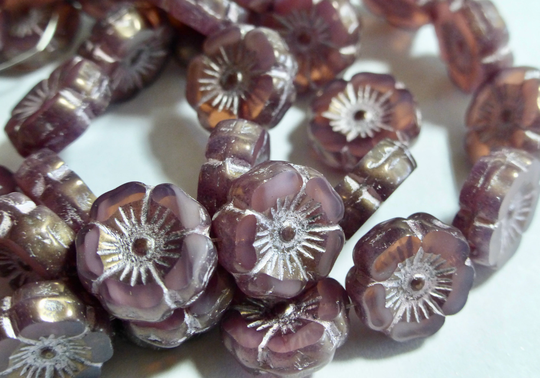 Czech Dusty Rose With Pink Wash & Bronze Luster 12mm Flat Flower Glass Beads | 12 1527