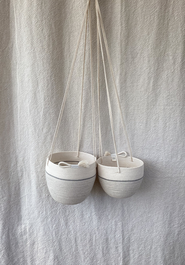 Handmade Rope Hanging Baskets - Grey Two Sizes Stitched With Unbleached Cotton & Organic Thread