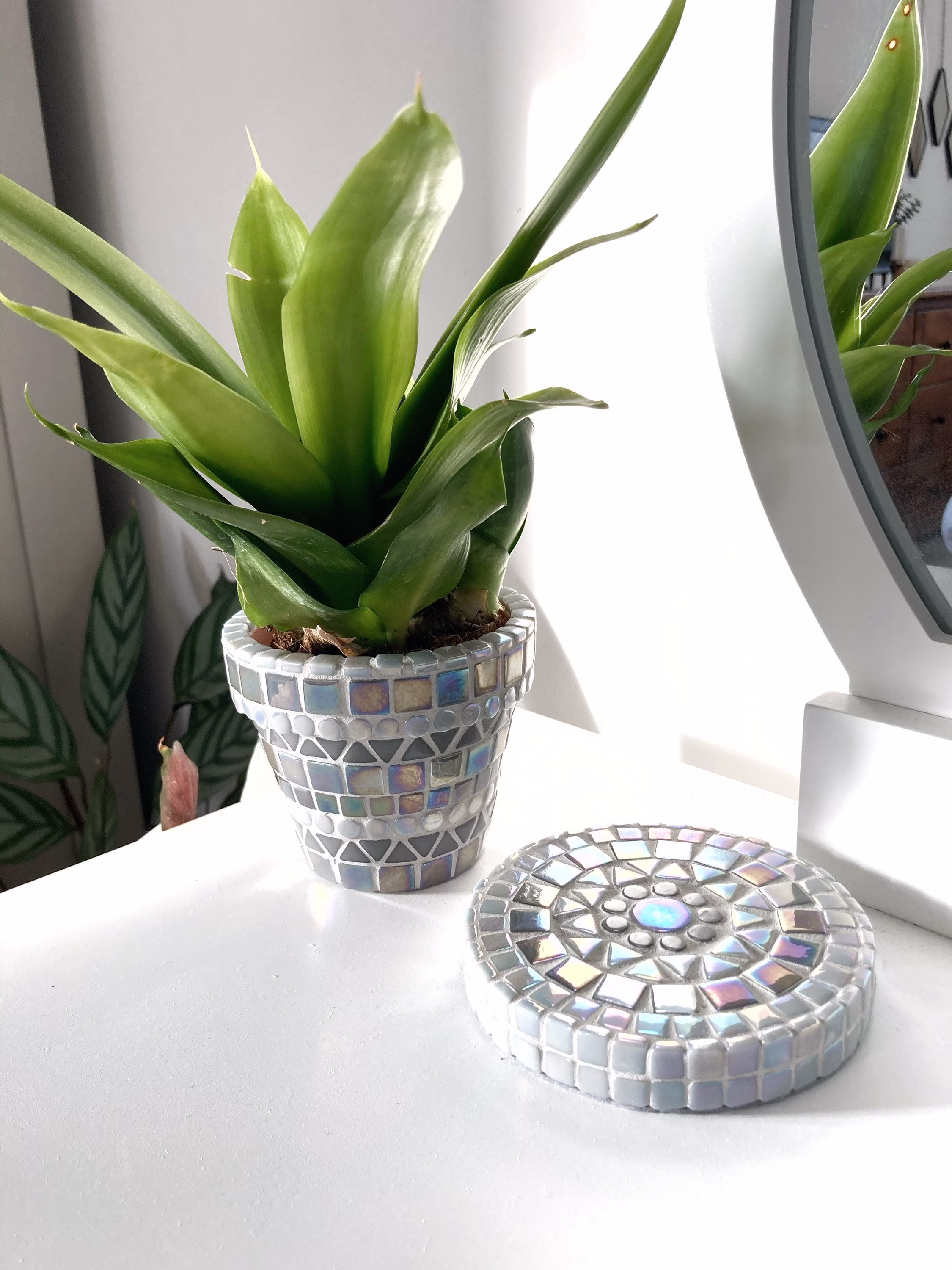 Handmade Grey Mosaic Indoor | Outdoor Plant Pot & Coaster Set Home Decor Birthday Gift Cactus Planter