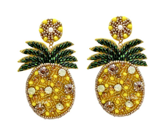 Pineapple Earring, Seed Bead Statement Embellished Embroidery Fruit Earring