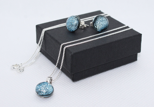 Powder Blue - Dichroic Glass 10 Mm Stud Earrings & Pendent With Sterling Silver Medium Curb Chain Fixings
