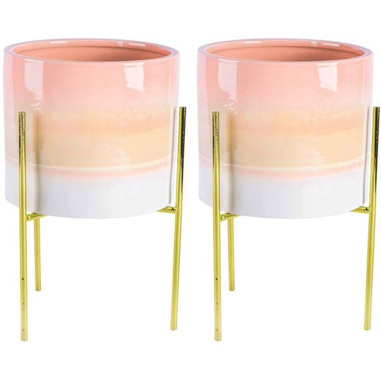 Reactive Glaze Plant Pots on Stands - 19cm - Pink/Gold - Pack of 2 - Nicola Spring