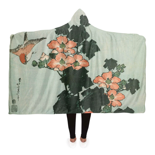 Hibiscus & Sparrow | 1833 By Hokusai - Hooded Blanket Japanese Woodblock Print Art Famous Ukiyoe Asian Reprint