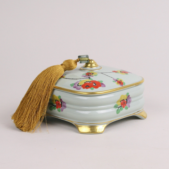 Art Deco Powder Box Or Trinket Box, Celadon Porcelain With Replaced Silk & Bead Tassel, Thomas Bavaria