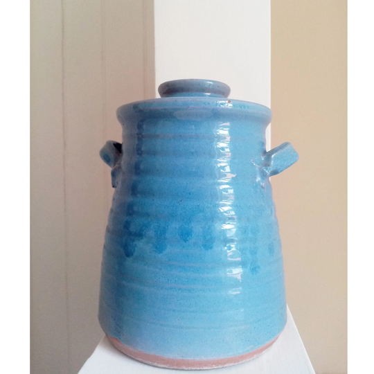 Vintage Large Blue Drip Glazed Lidded Pot - Welsh Hand Thrown Art Pottery Sun Swirl Ribbed Design Indoor Outdoor Planter, Kitchen Decor