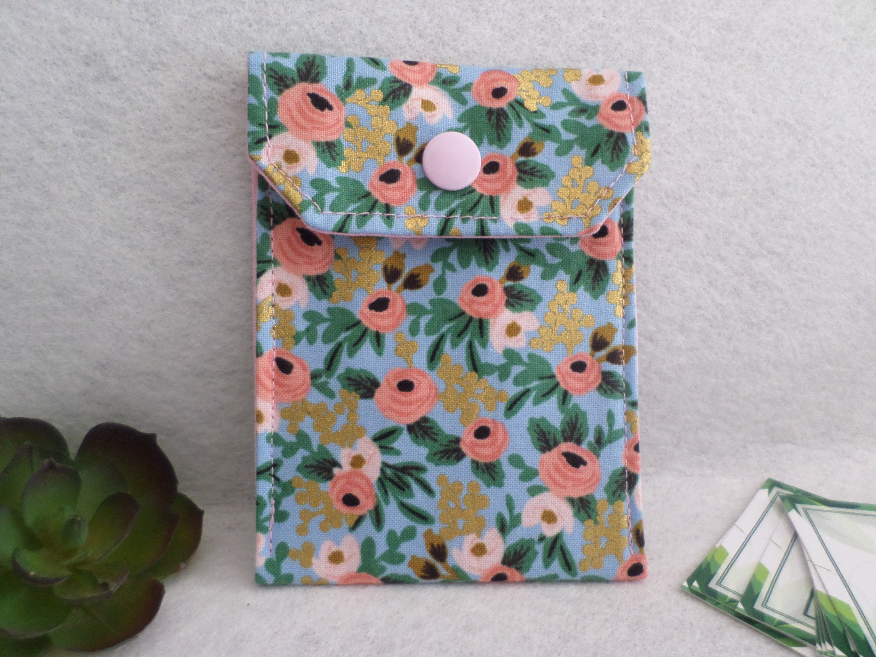 Pink Gold Floral - Multi-Purpose Fabric Mini Pouch Birth Control Case, Business Card Holder Ready To Ship, Free Standard Us Shippin