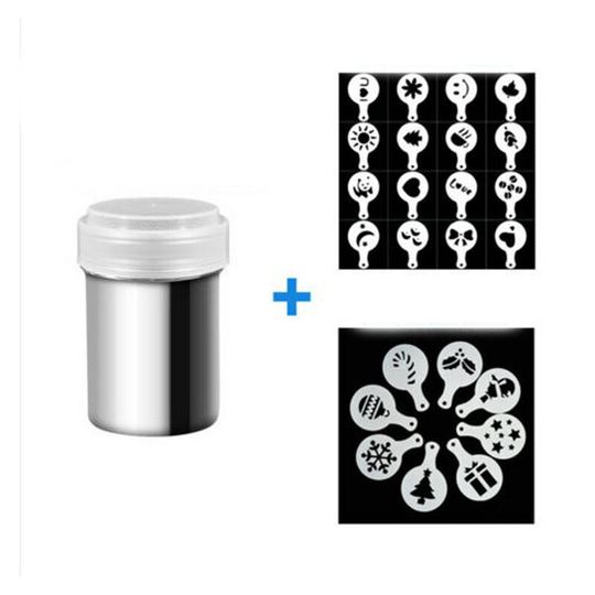 2 Stainless Steel Powder Shakers, Mesh Shaker Powder Cans for Coffee Cocoa Cinnamon Powder with Lid, with 16+8pcs Printing Molds Stencils