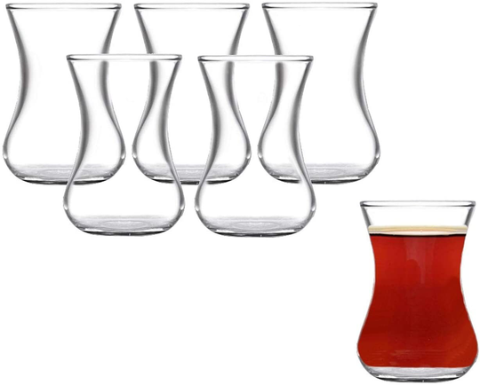 Turkish Tea Glasses Cups Set, Set Of 6 Arabic Clear Glass Green Herbal Espresso Shot | 6 Piece