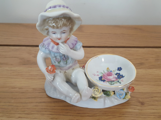 Antique Dresden Style Ceramic Salt, Child Decorative Reproduction Meissen Boy