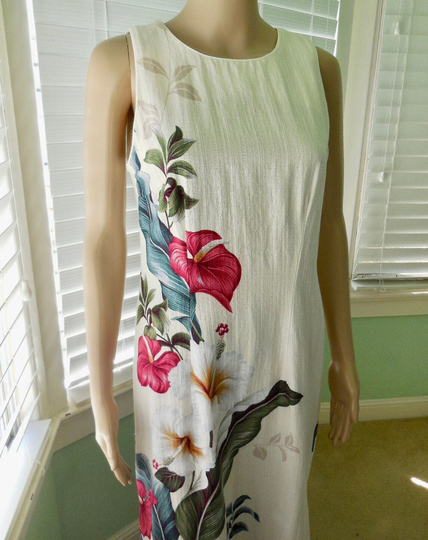 80S Hawaiian Dress Iolani Hawaiian Sheath Long Elegant Floral Sleeveless Cotton Linen Maxi Polynesian Tropical Size 6