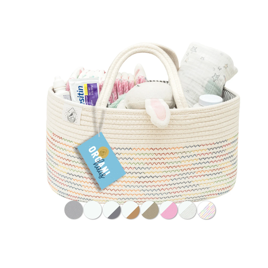 Organihaus Rope Diaper Caddy Basket & Nursery Organizer For Baby | Changing W/Dividers Handles - White/Rainbow Stitches