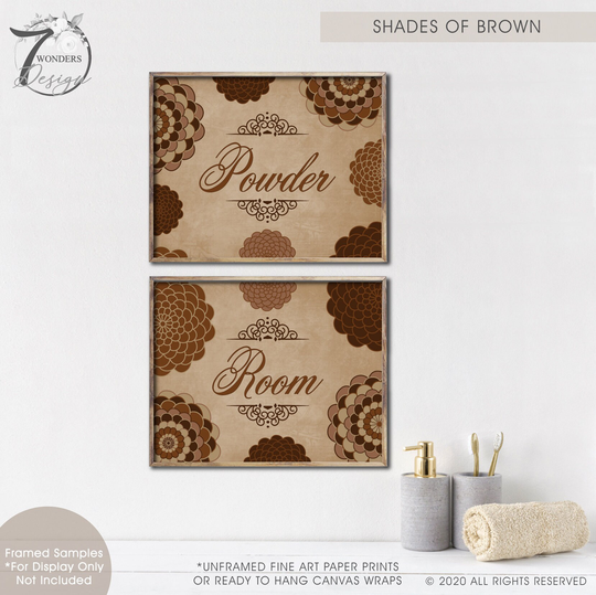 Bathroom Powder Room Art Prints Flower Hand Drawn Mums Shades Of Brown Modern Vintage Decor Set | 2 Unframed Paper Or Canvas Wraps