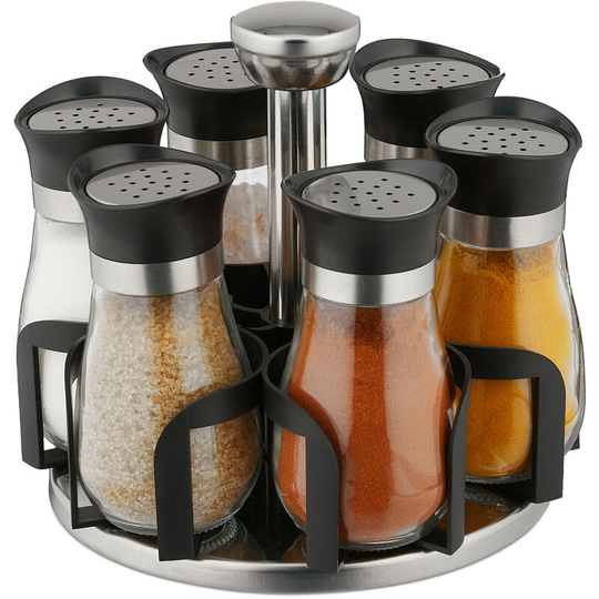 Spice Rack, 6 Glass Jars, Rotatable, Stainless Steel, h x d: approx. 16 x 17 cm, Silver/Black - Relaxdays