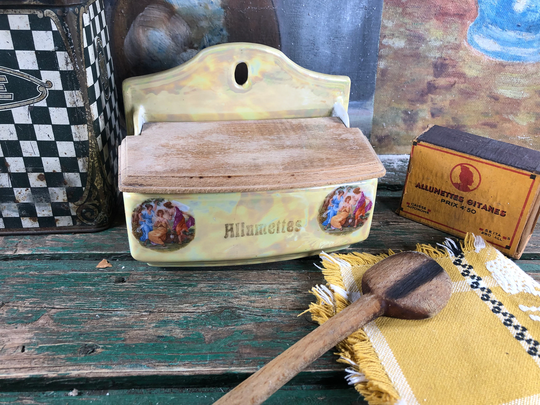 Antique Ceramic Matches Salt Yellow Box With Antique Women Spice Jar Kitchen Decoration