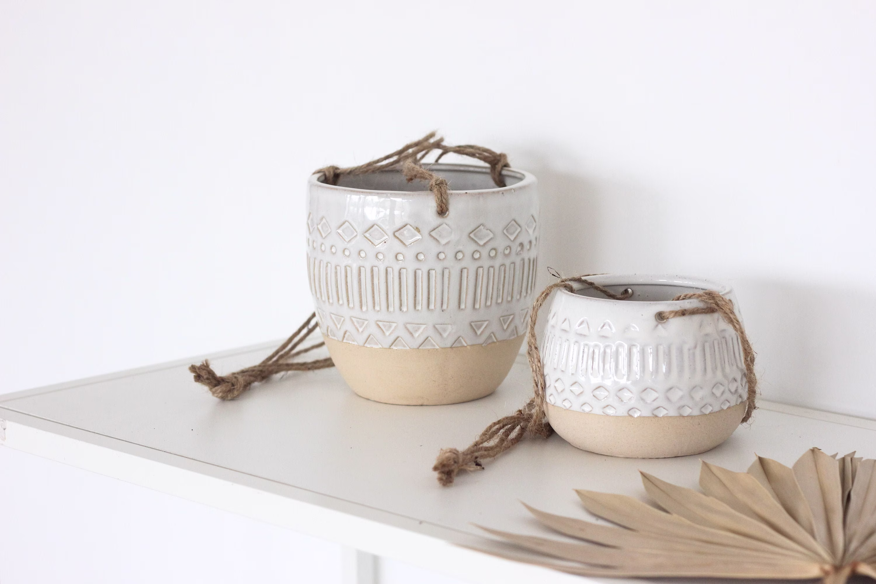 Patterned Ceramic White & Beige Hanging Planter Pot