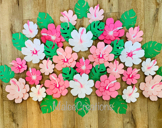 Small Paper Flowers/Set Of 24 Flowers/Hibiscus Flowers/Hawaiian Flowers/Luau/Pink Flowers/Baby Shower Decor/Tropical Flowers/Classroom Decor