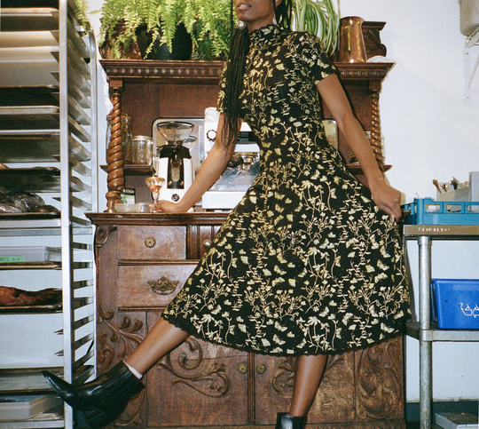 Handprinted Organic Cotton/Bamboo Mockneck Twirl Dress in Gold Moth