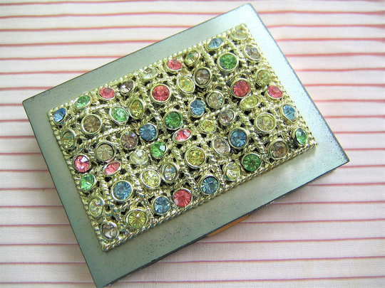 Volupte' Vintage 1930S Powder Compact Brushed Silver Tone W Pastel Rhinestones in Gold Trim