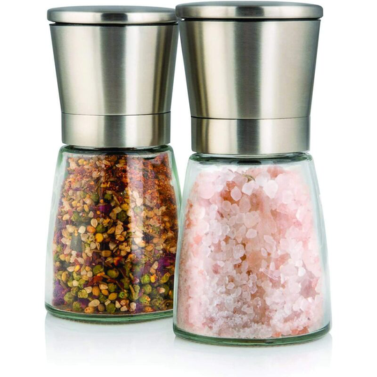 Aougo - Set of two elegant salt and pepper mills with stand - Adjustable grain size - Get salt, pepper or other freshly ground spices with this salt