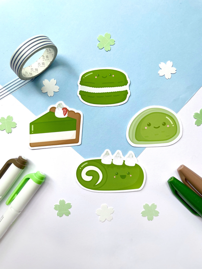 Matcha Desserts Sticker Pack| Mochi| Cheesecake| Macaron| Swiss Roll| Kawaii| Weatherproof
