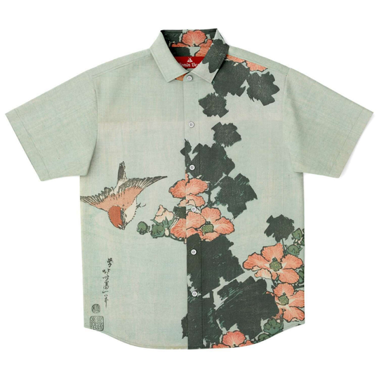 Hibiscus & Sparrow | 1833 By Hokusai - Button Down Shirt Hawaiian Japanese Woodblock Print Ukiyoe Art Reprint