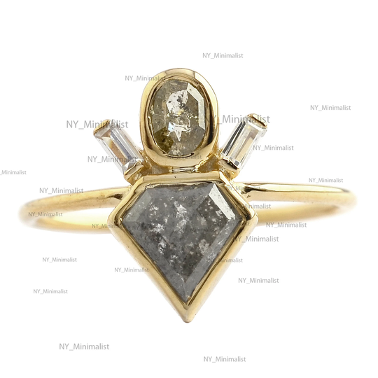 Genuine Shield Cut Gray Salt & Pepper Diamond Engagement Ring Solid 14K Yellow Gold Ny Minimalist Rough Jewelry Gift