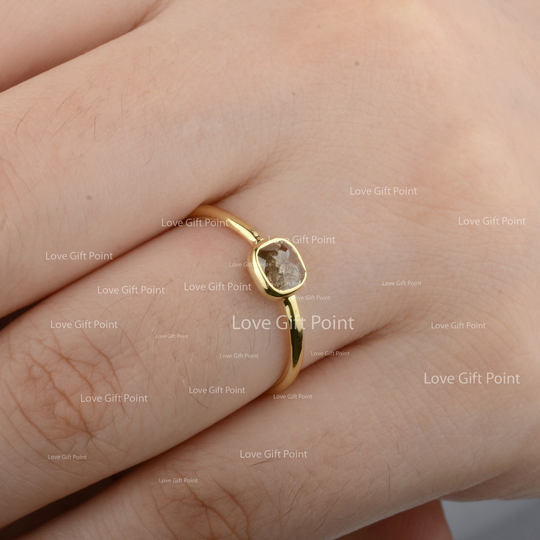 14K Gold Diamond Ring, Salt & Pepper Rough Wedding Birthday Gift For Her, Handmade Ring