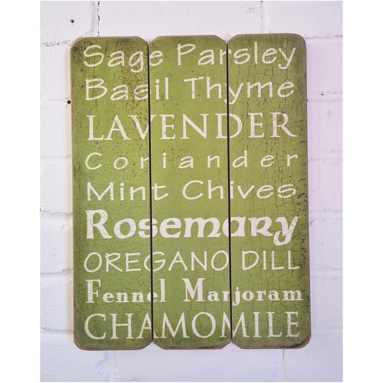 Hanging Sign For Kitchen Or Garden Area - Herbs List On Sage Green Distressed Rustic Style Wood 40x30cm. Retro Wooden Wall Art