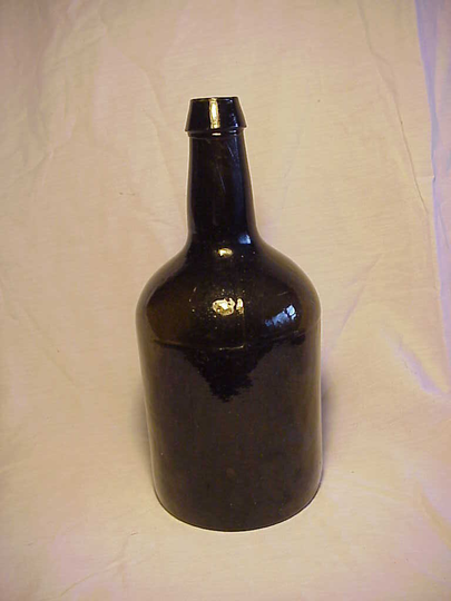 C1850S Quart Size Olive Amber Blown Glass Cork Top Pontil Mineral Water Or Whiskey Wine Bottle Stoddard Early American