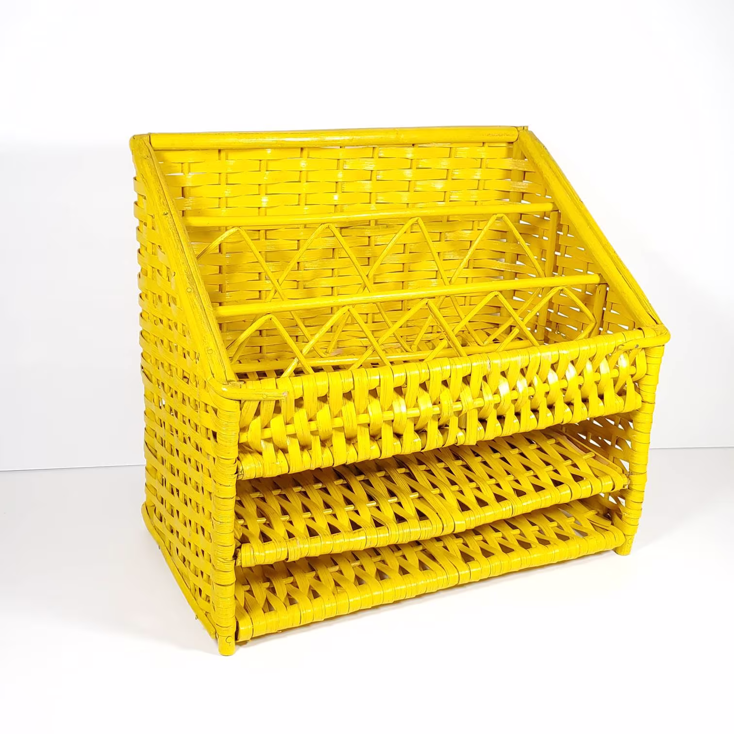 Vintage Yellow Wicker Desk Organizer Mail Bill Letter Sorter Woven Rattan Basket Storage Office Decor Boho Hippie